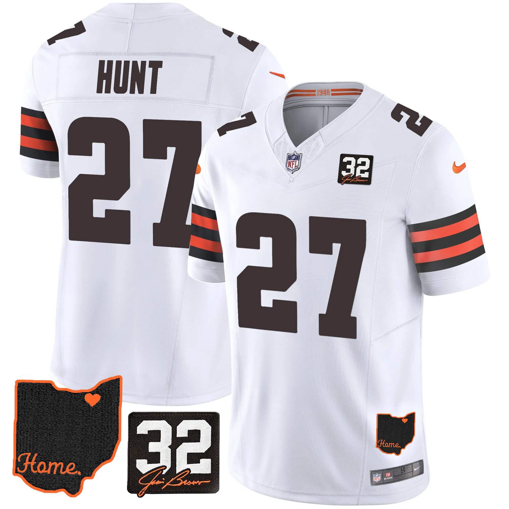 Men Cleveland Browns 27 Hunt White Memorial Home Patch 2024 Nike NFL Jersey
